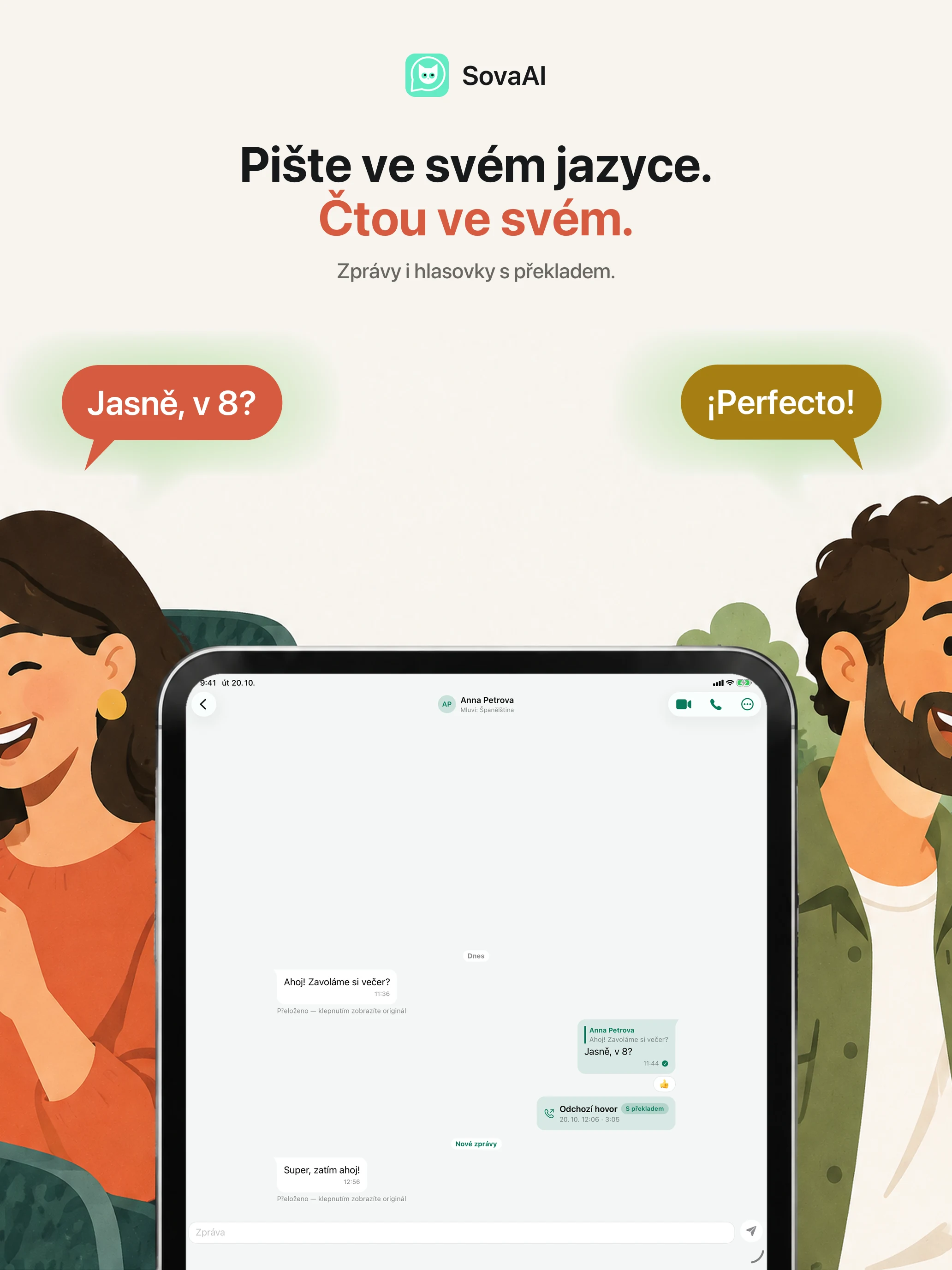 Ilustrace: dva lidé zůstávají v kontaktu prostřednictvím přeloženého chatu.