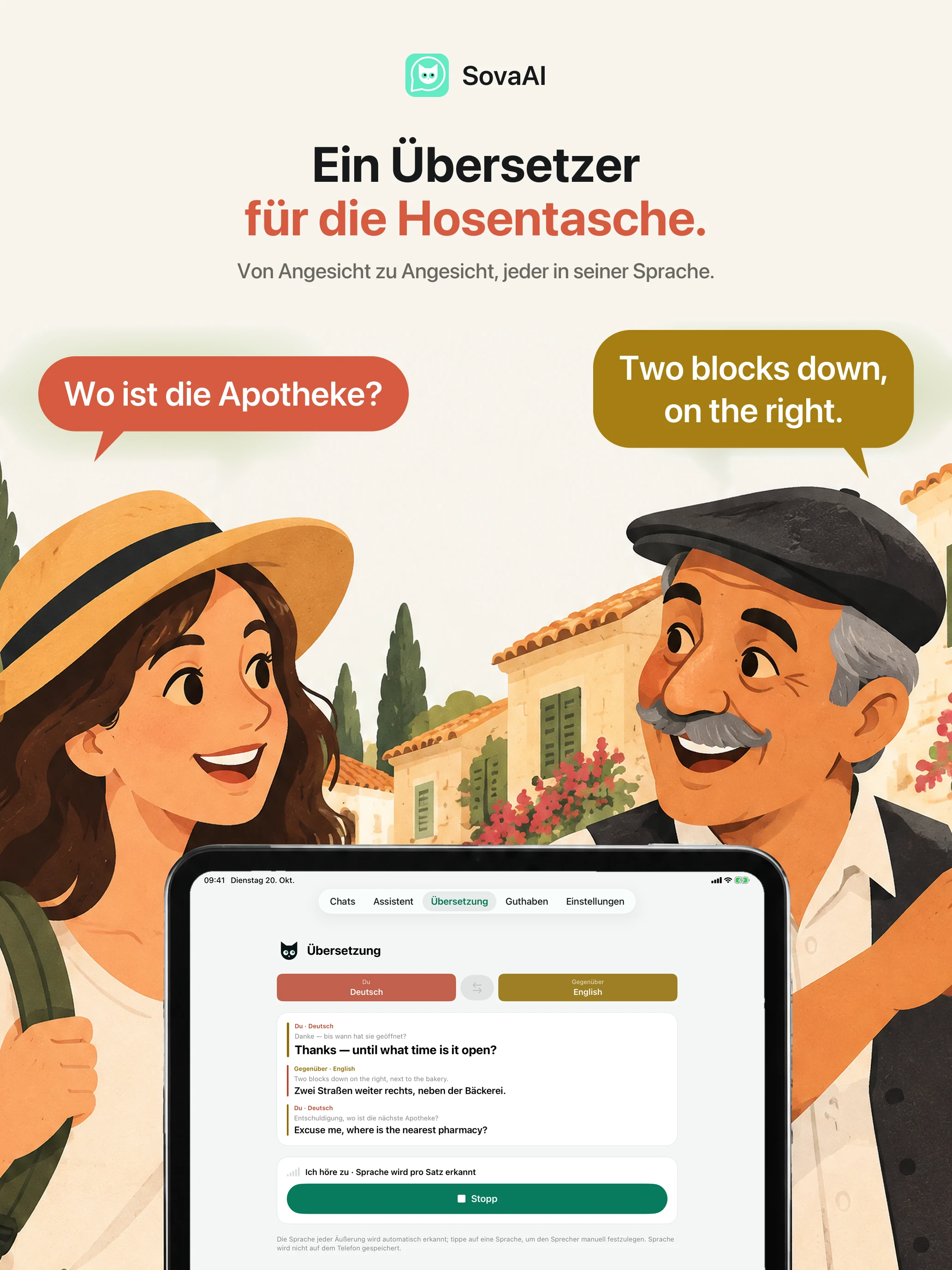 Illustration: Eine reisende Person spricht mit einer einheimischen Person über einen Übersetzer.