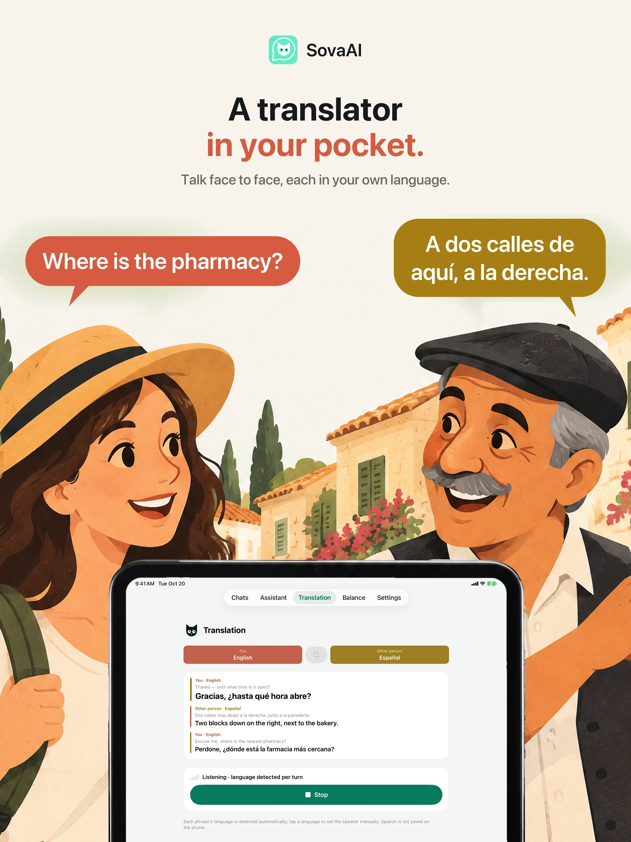 Illustration: a traveller talking to a local with a translator.