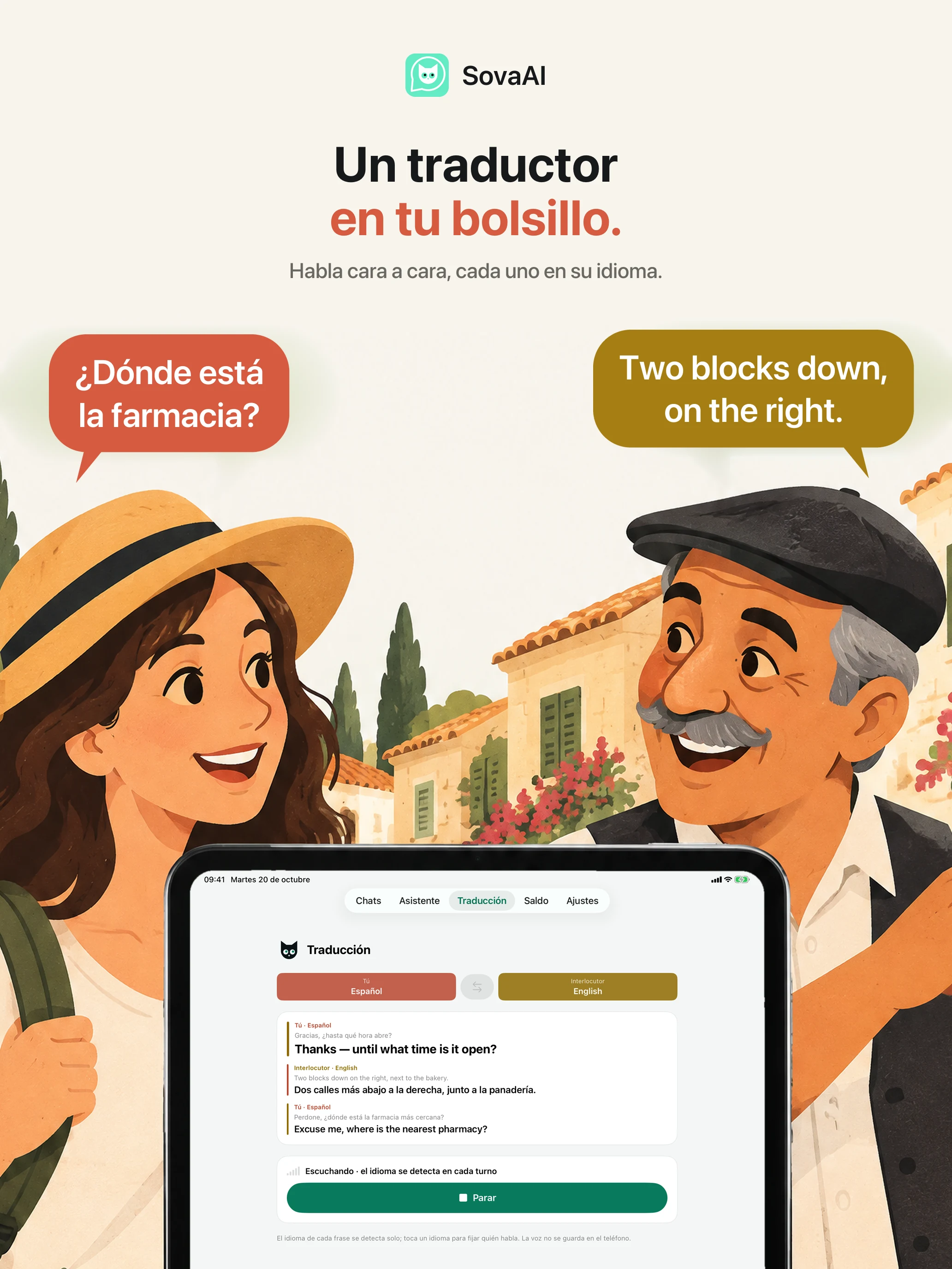 Ilustración: una persona viajera habla con una persona local mediante un traductor.