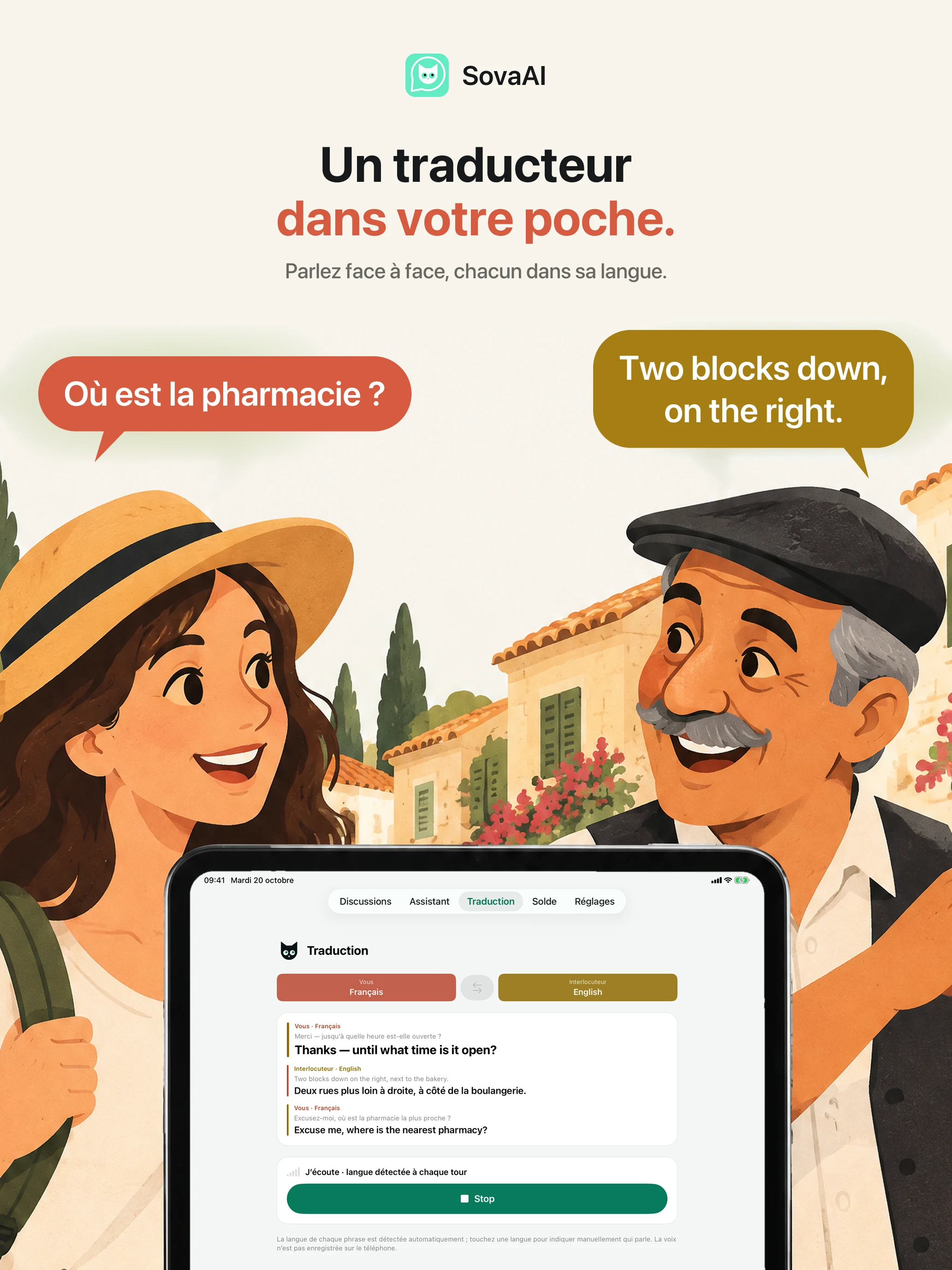 Illustration : une personne en voyage parle à une personne locale avec un traducteur.