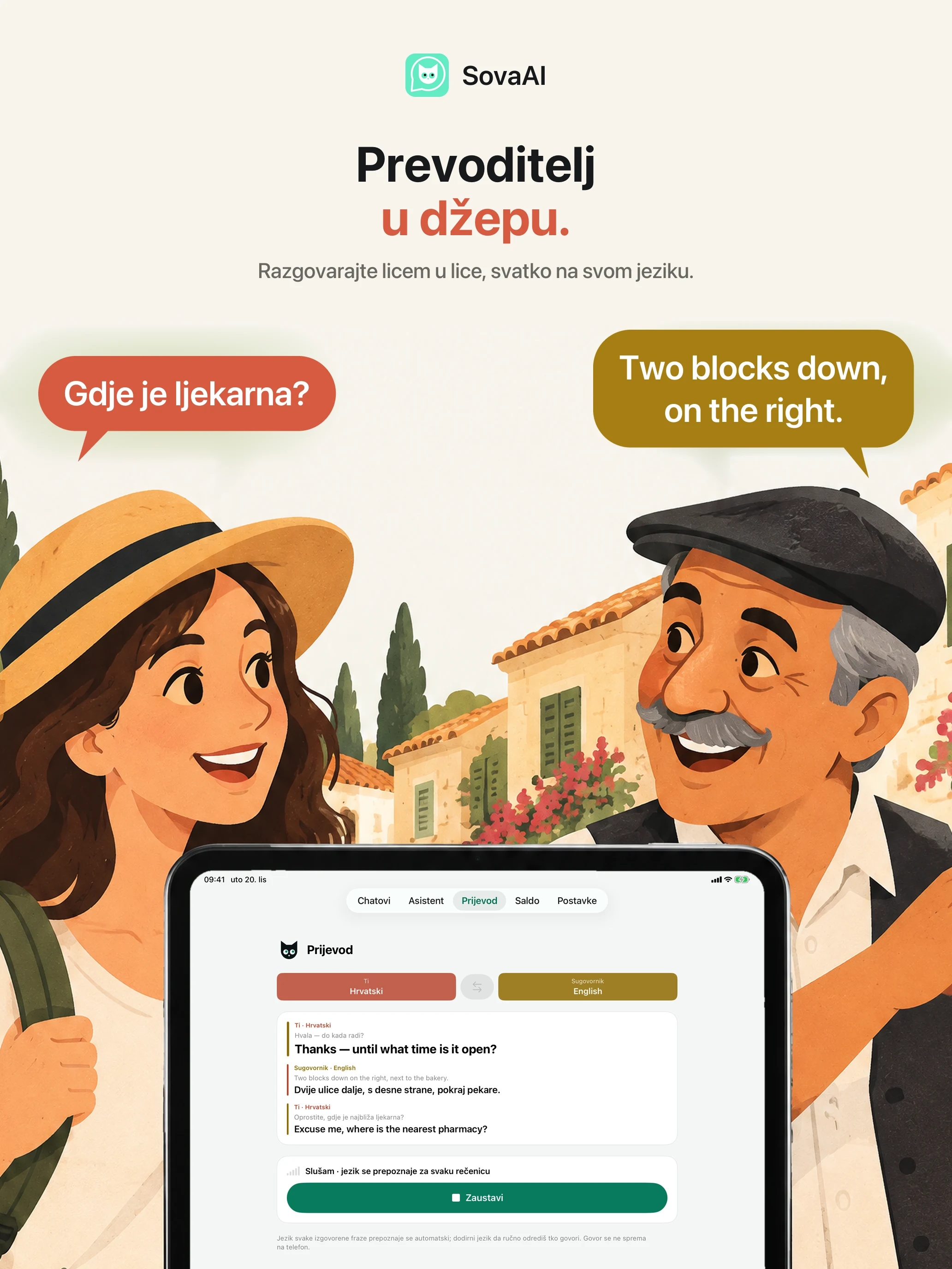 Ilustracija: putnik razgovara s mještaninom uz prevoditelj.