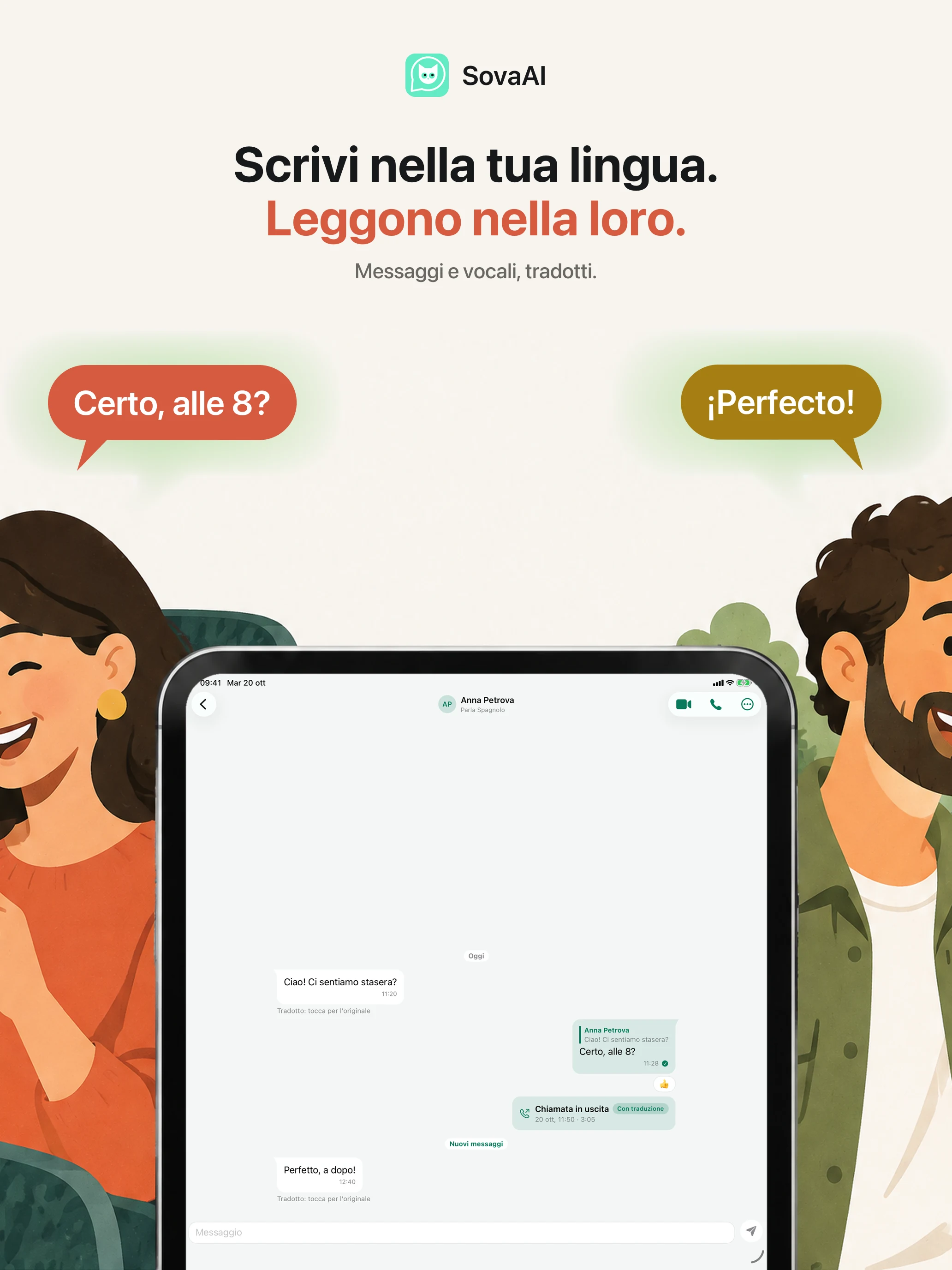 Illustrazione: due persone restano in contatto tramite una chat tradotta.