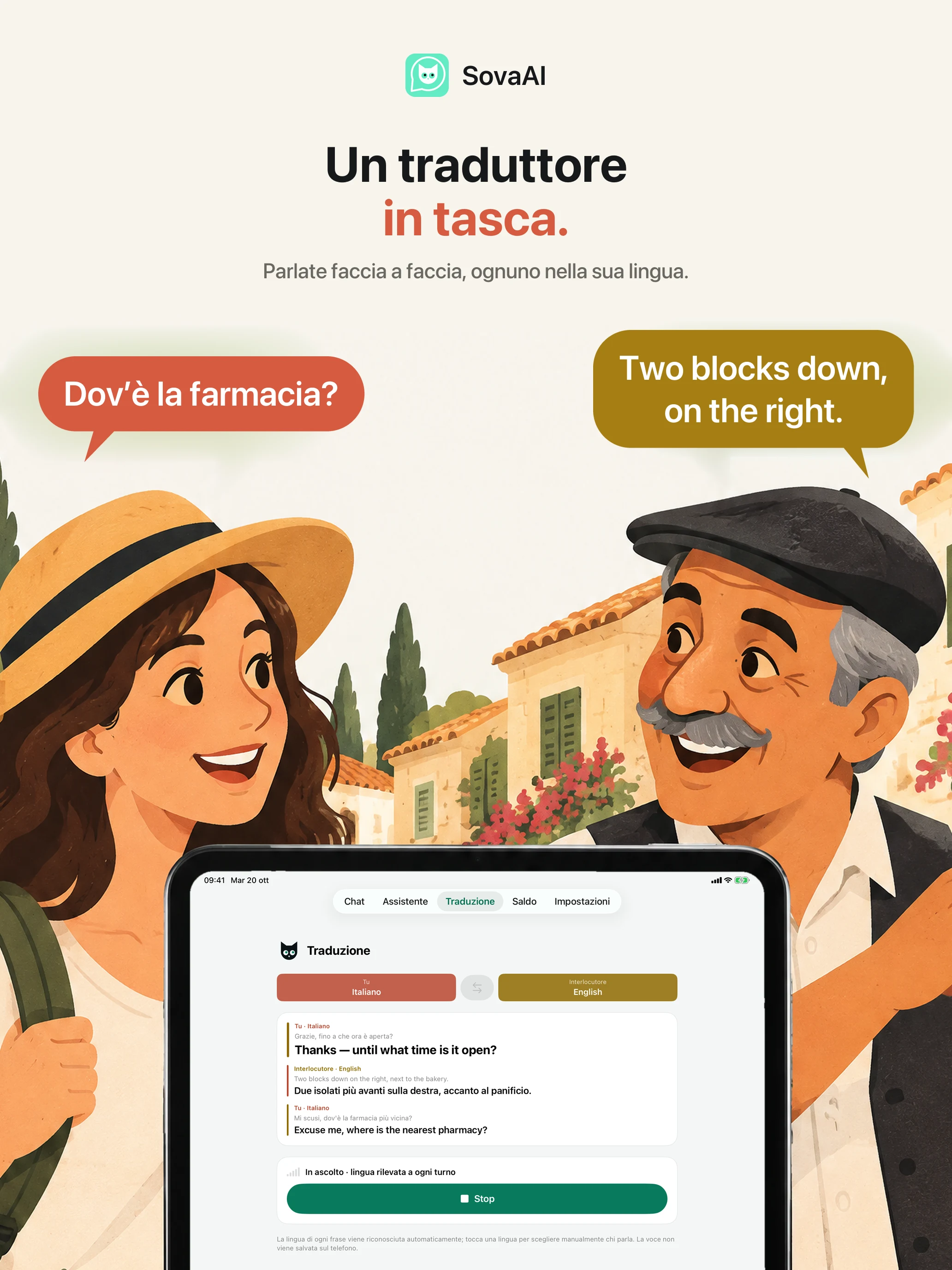 Illustrazione: una persona in viaggio parla con una persona del posto usando un traduttore.