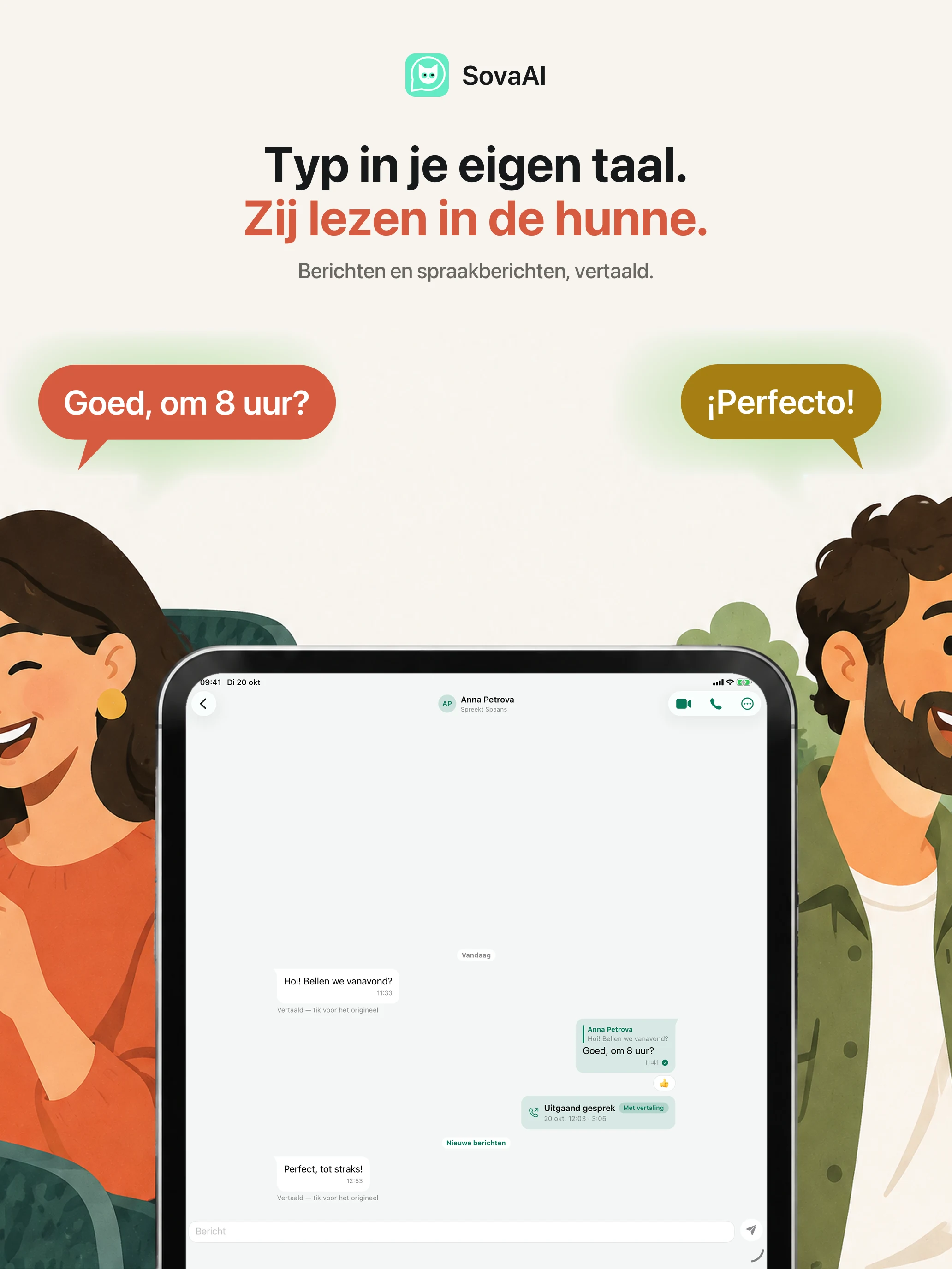 Illustratie: twee mensen blijven in contact via een vertaalde chat.