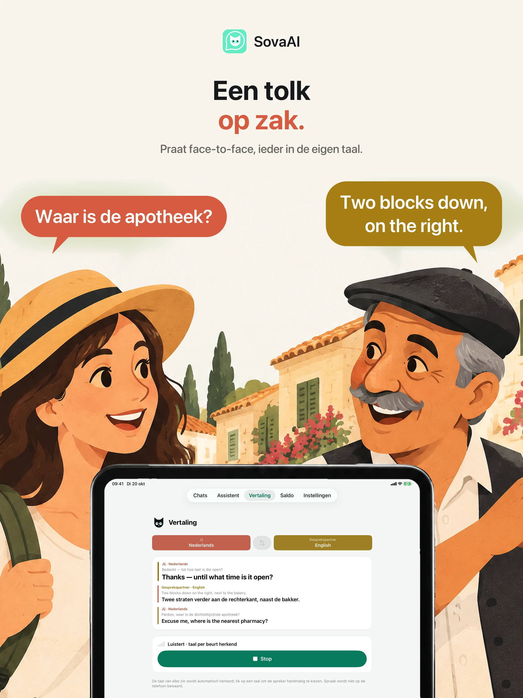 Illustratie: een reiziger praat met een local via een vertaler.
