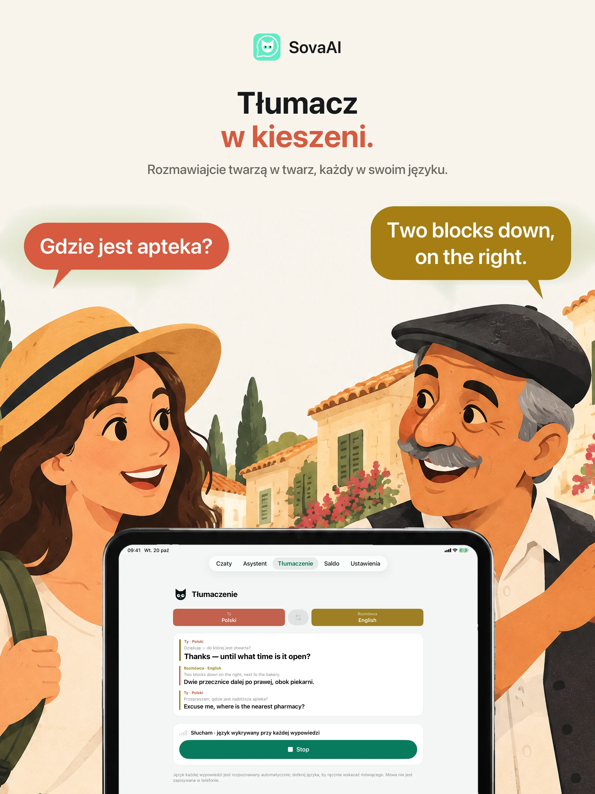Ilustracja: podróżny rozmawia z mieszkańcem za pomocą tłumacza.