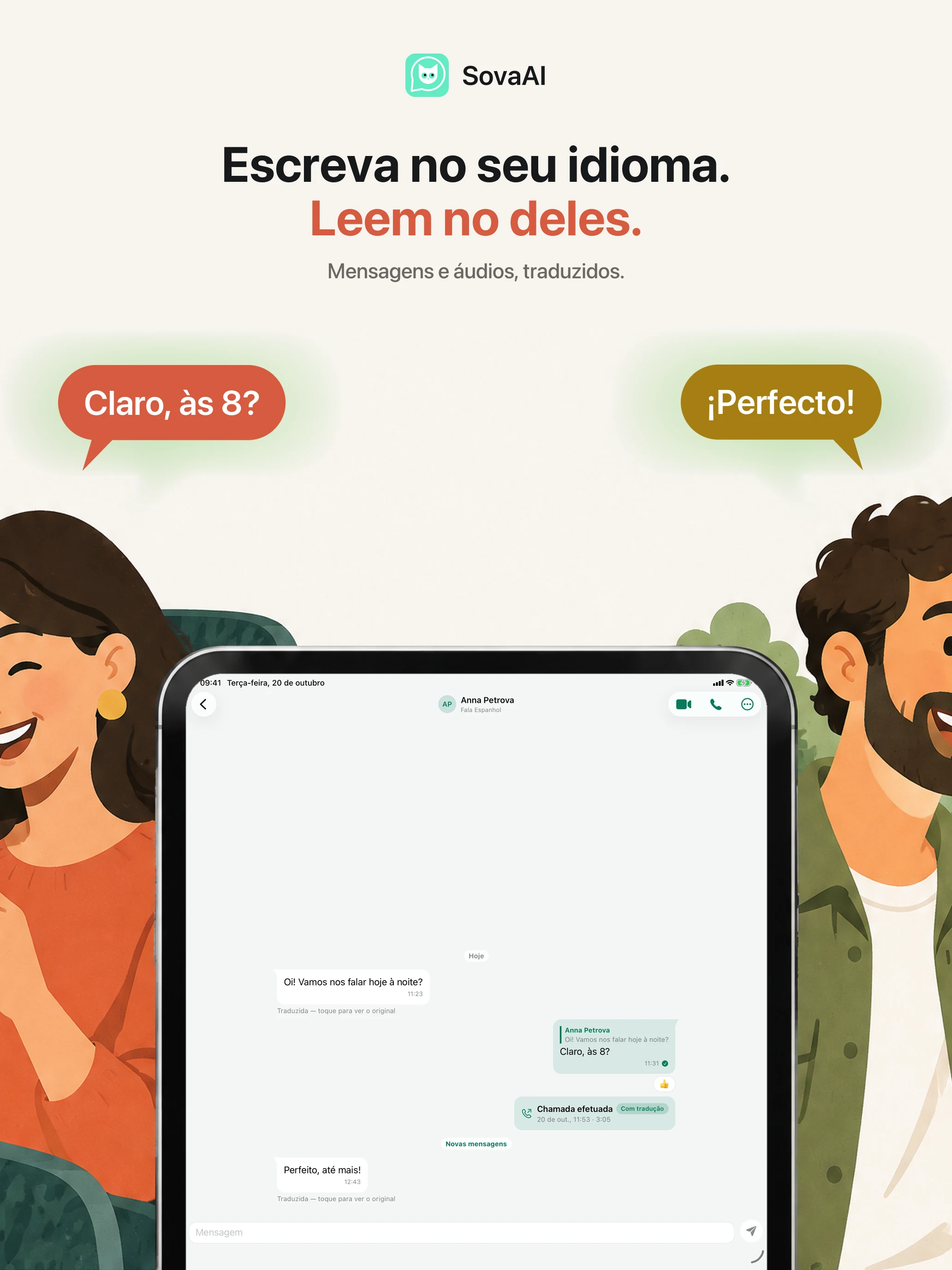 Ilustração: duas pessoas mantêm contato por meio de um chat traduzido.