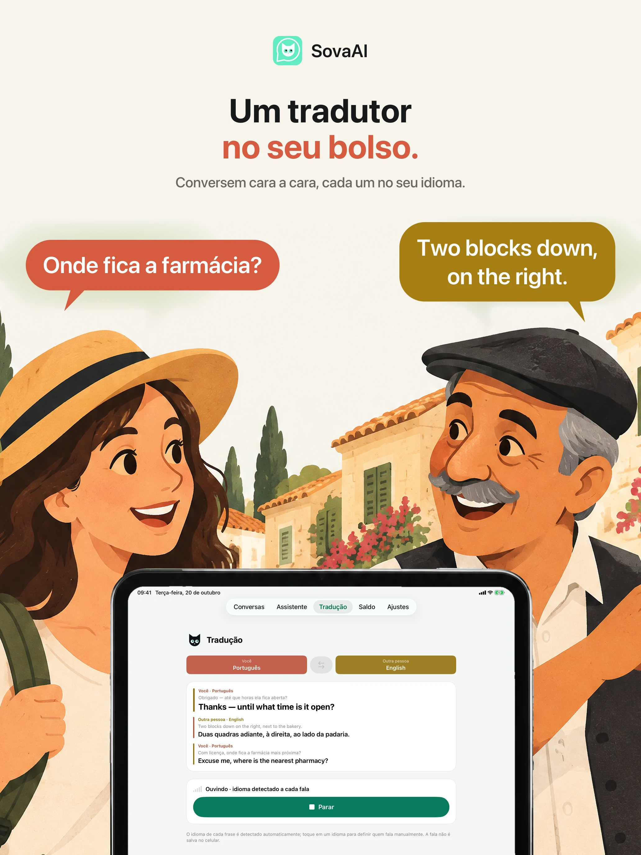 Ilustração: uma pessoa viajante conversa com uma pessoa local usando um tradutor.