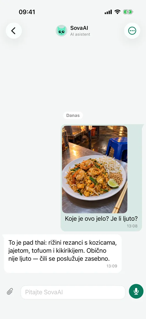 Pitajte SovaAI — čak i o fotografiji